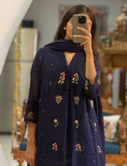 Women Navy Blue Cotton Pintucks Embroidery Kurta Pant and Dupatta set
