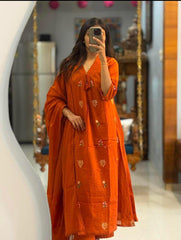 Women Orange Cotton Pintucks Embroidery Kurta Pant and Dupatta set