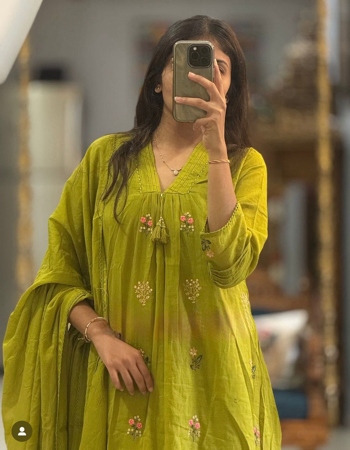 Women Green Cotton Pintucks Embroidery Kurta Pant and Dupatta set