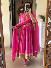 Women Pink Cotton Embroidery Kurta Pant and Dupatta set