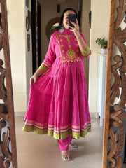 Women Pink Cotton Embroidery Kurta Pant and Dupatta set