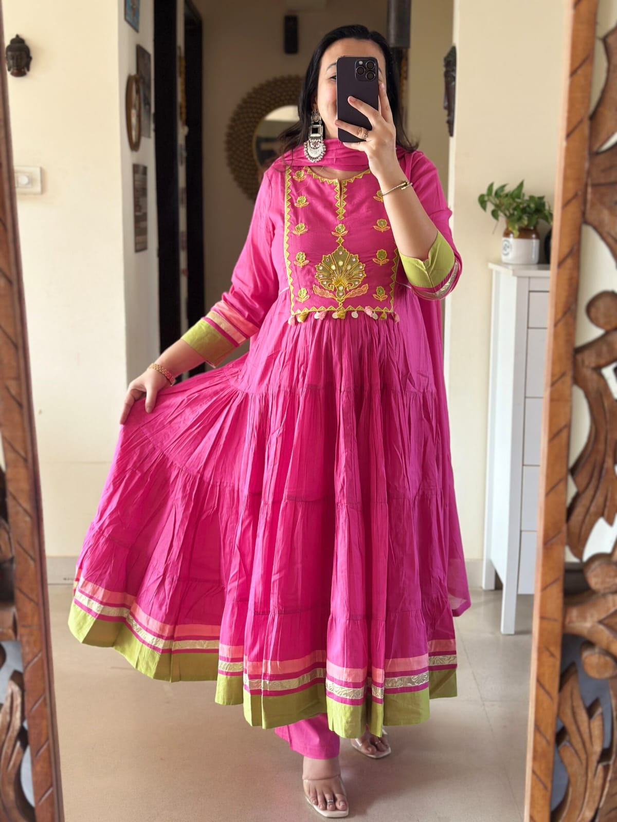 Women Pink Cotton Embroidery Kurta Pant and Dupatta set