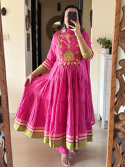 Women Pink Cotton Embroidery Kurta Pant and Dupatta set