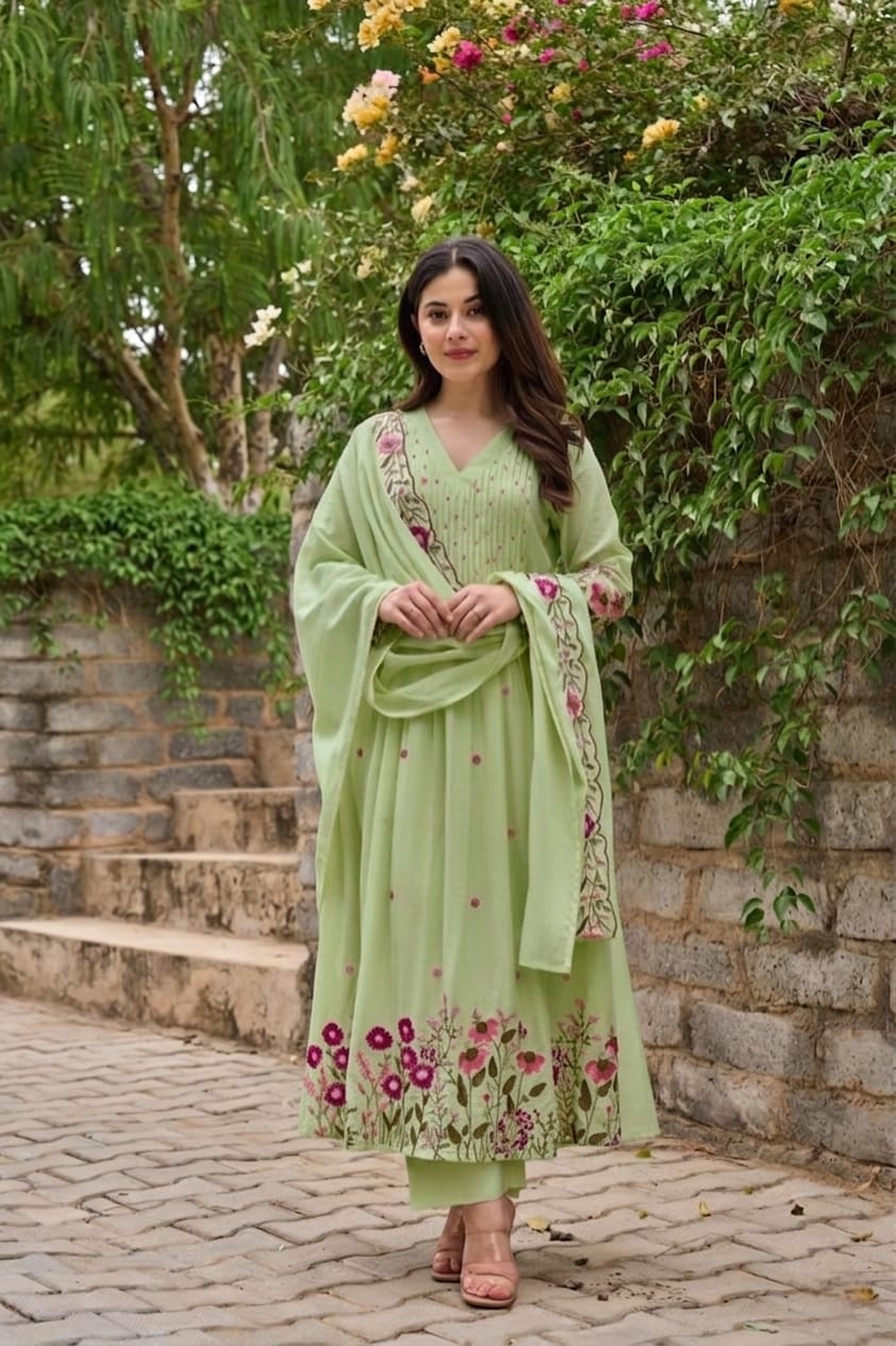 Women Green Cotton Embroidery Gathers Kurta Pant and Dupatta set
