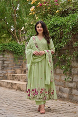 Women Green Cotton Embroidery Gathers Kurta Pant and Dupatta set