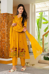 Women Mustard Yellow Cotton Cotton Embroidery Gathers Kurta Pant and Dupatta set