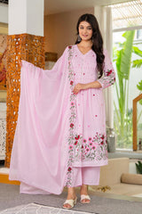 Women Pink Cotton Embroidery Gathers Kurta Pant and Dupatta set