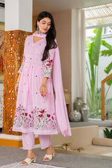 Women Pink Cotton Embroidery Gathers Kurta Pant and Dupatta set