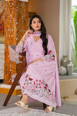Women Pink Cotton Embroidery Gathers Kurta Pant and Dupatta set