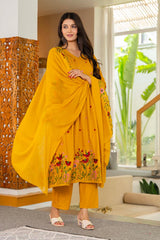 Women Mustard Yellow Cotton Cotton Embroidery Gathers Kurta Pant and Dupatta set