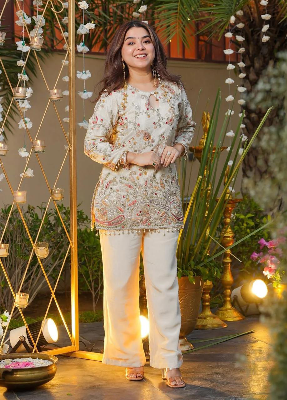 Women Cream French Crepe Embroidery Co-Ord set