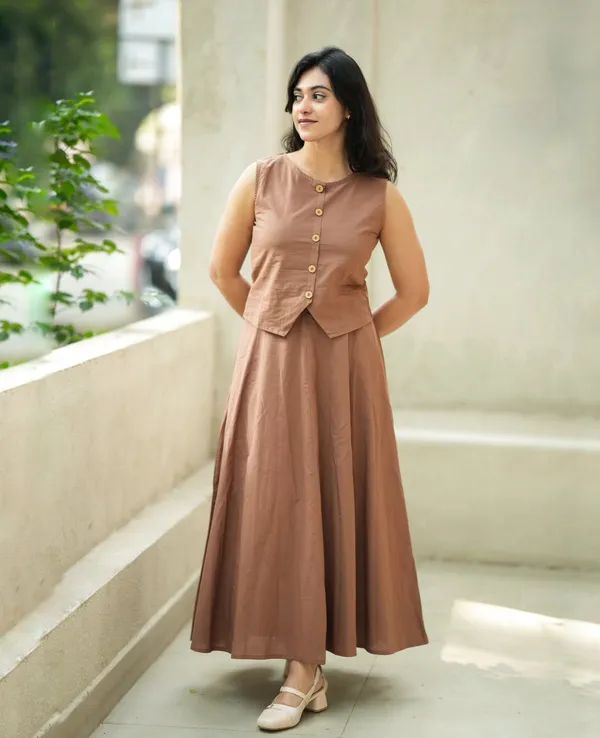 Women Bronze Cotton Top and Skirt set