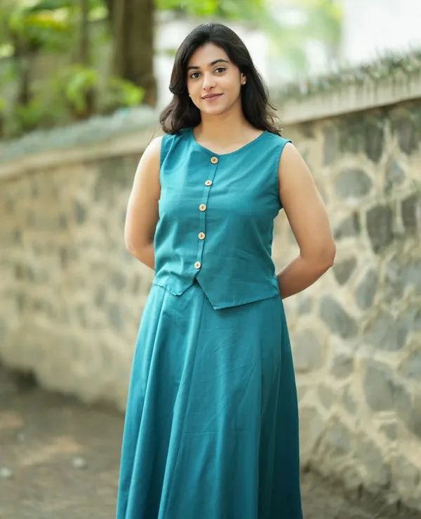 Women Teal Blue Cotton Top and Skirt set