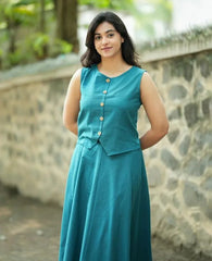 Women Teal Blue Cotton Top and Skirt set