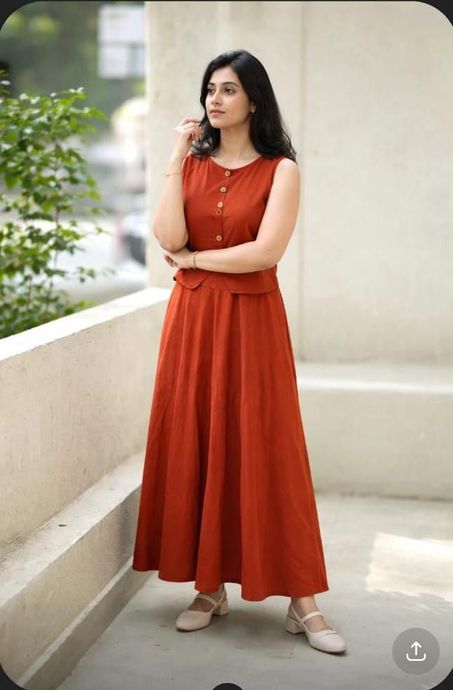 Women Rust Cotton Top and Skirt set