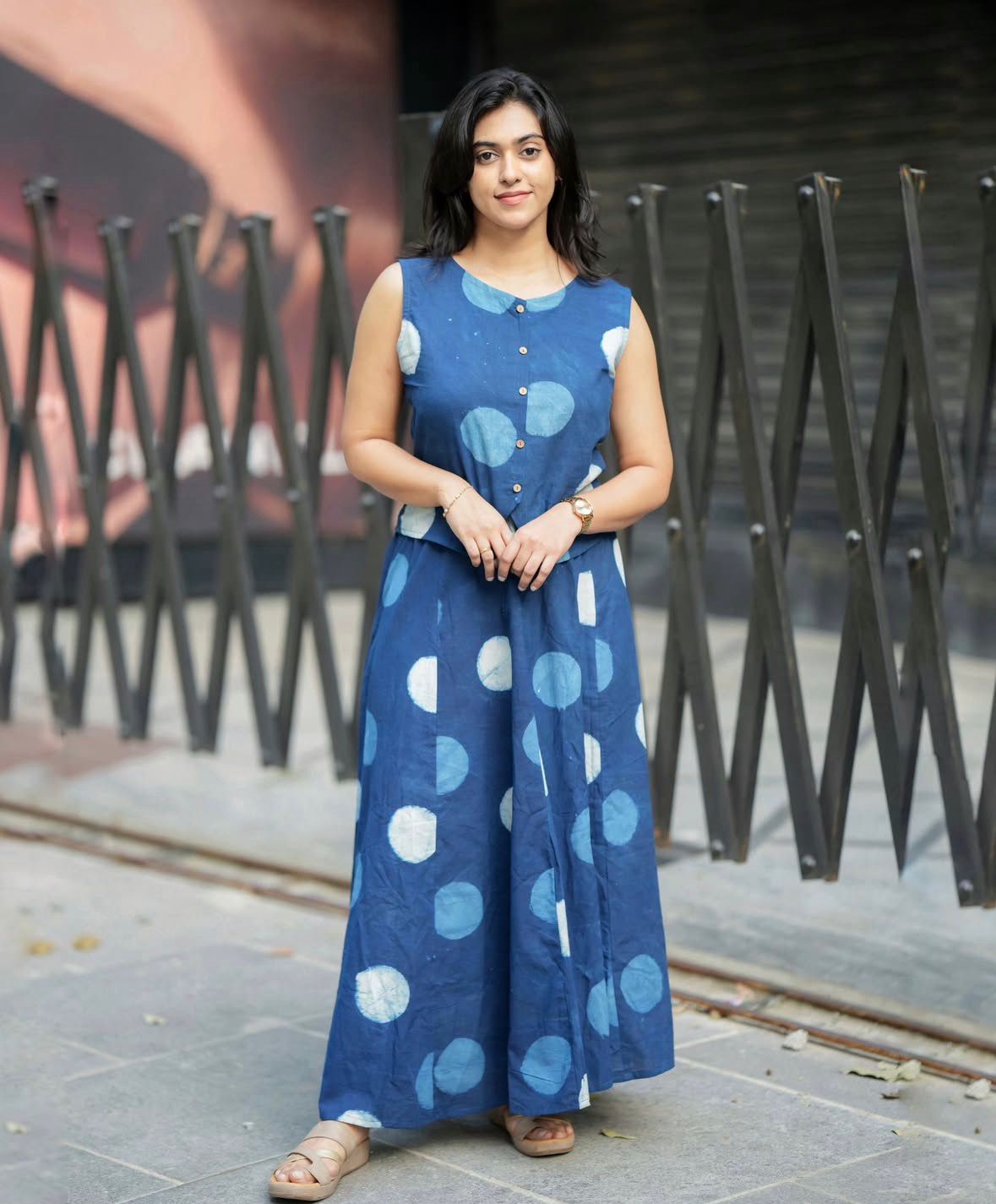 Women Blue Polka Cotton Top and Skirt set