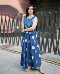Women Blue Polka Cotton Top and Skirt set