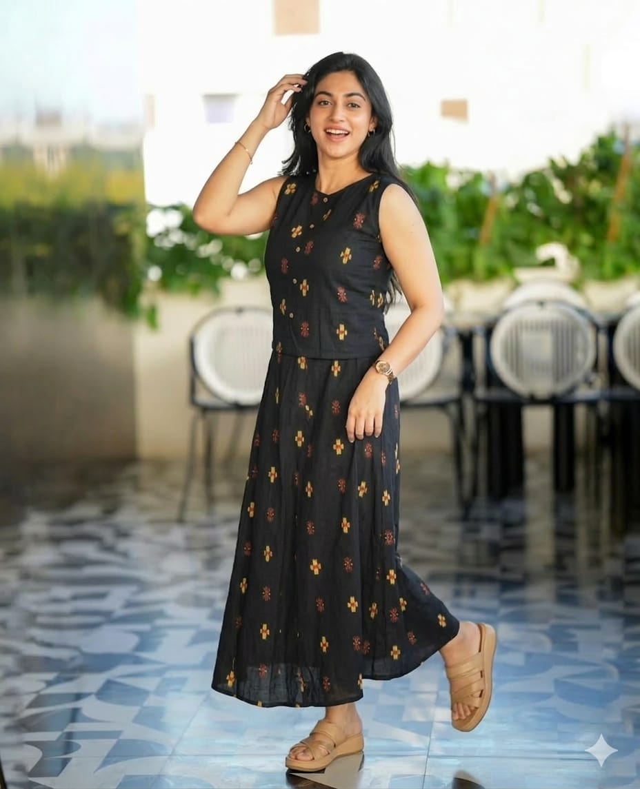 Women Black Cotton Top and Skirt set
