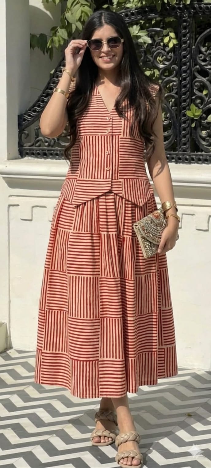 Women Brick Red Cotton Top and Skirt set
