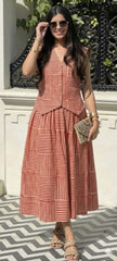 Women Brick Red Cotton Top and Skirt set