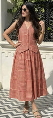 Women Brick Red Cotton Top and Skirt set
