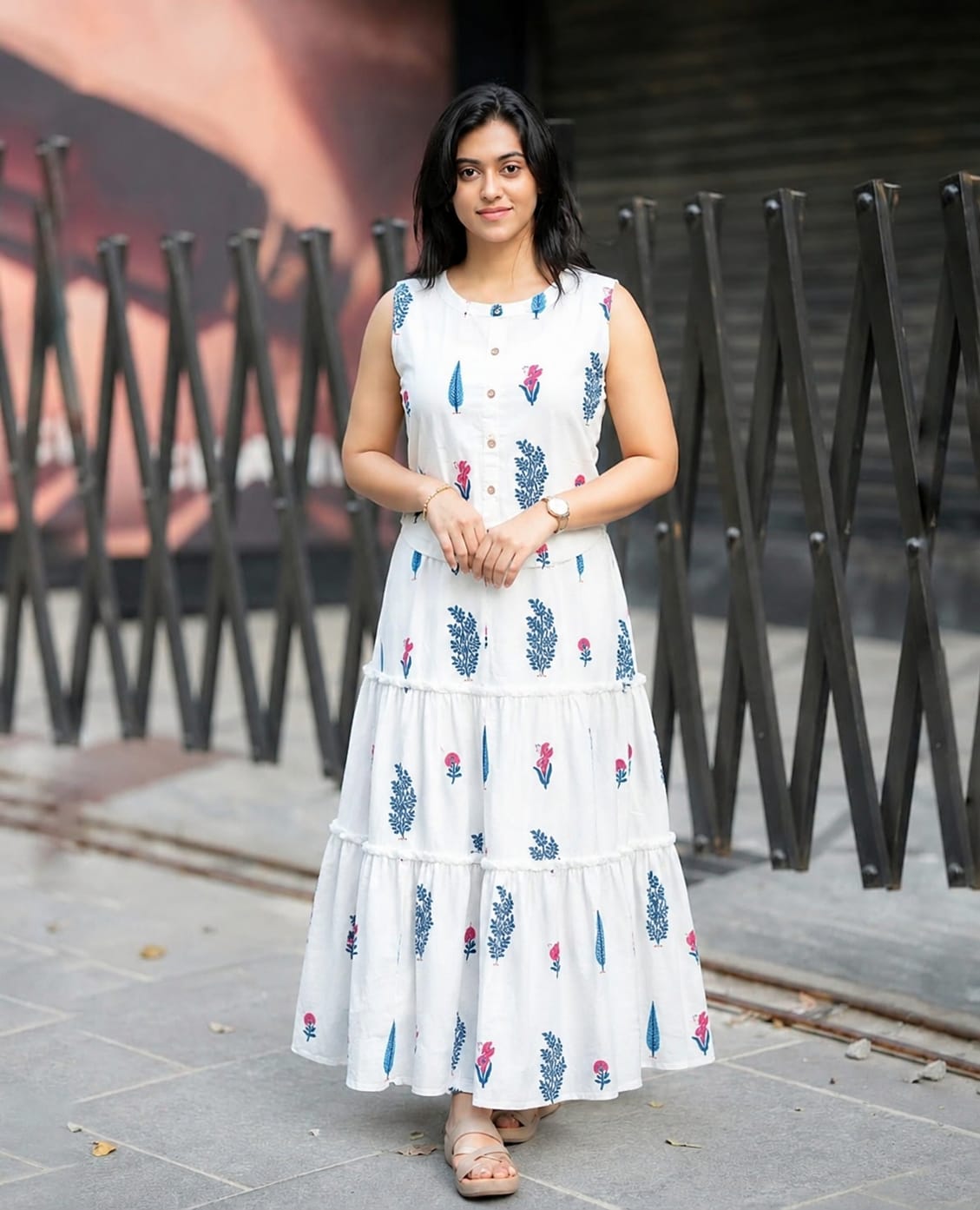 Women White Mughal Cotton Top and Skirt set