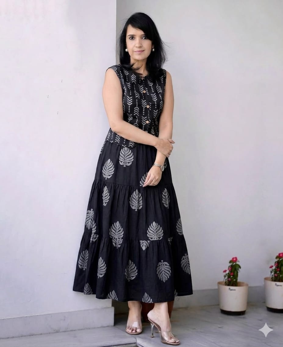 Women Black Leaves Cotton Top Skirt set
