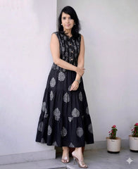 Women Black Leaves Cotton Top Skirt set