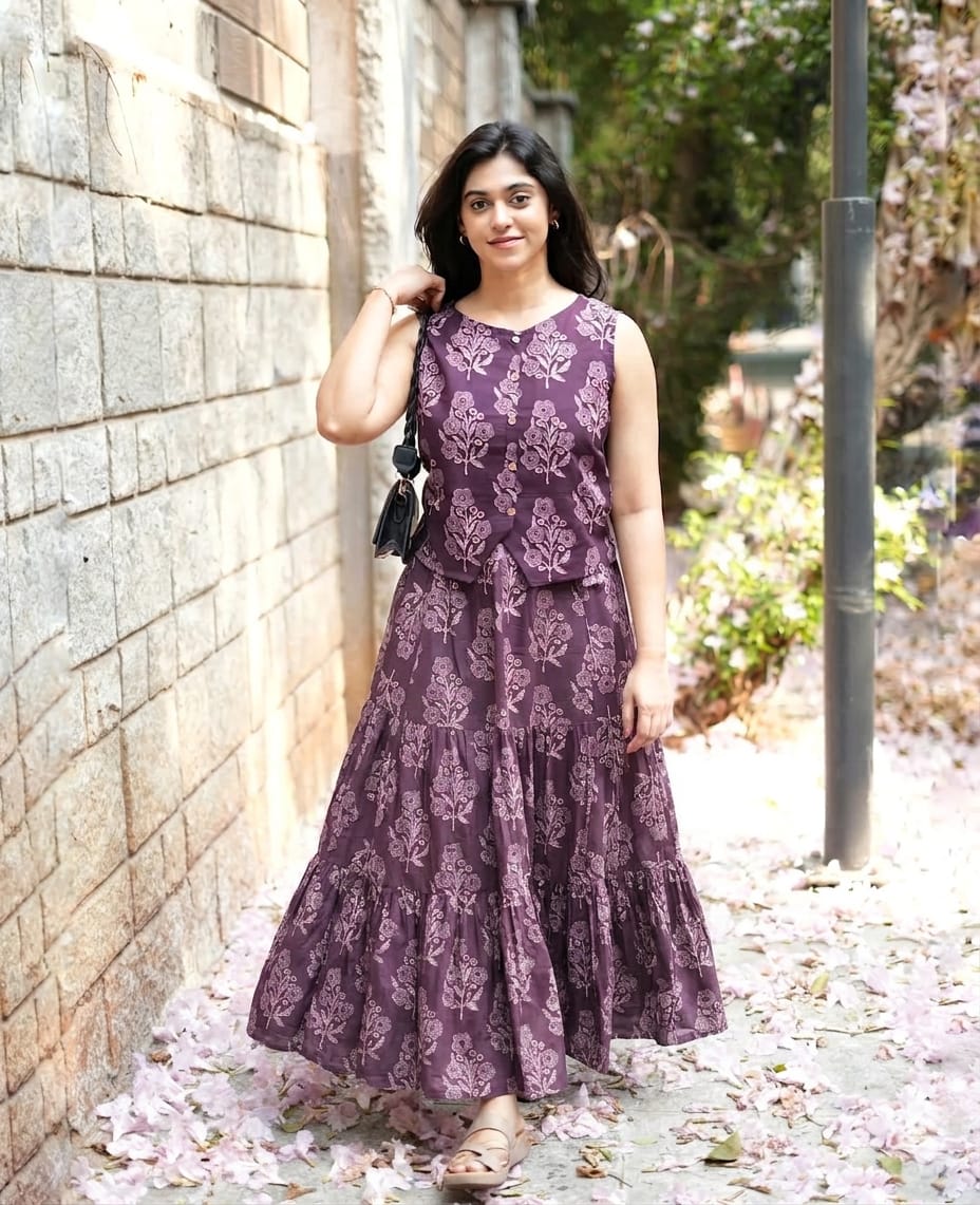 Women Purple Cotton Top and Skirt set