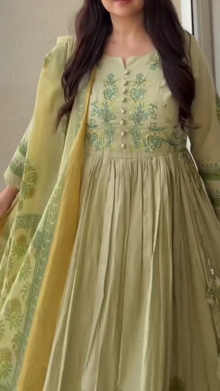 Women Pista Green Cotton Embroidery Kurta Pant and Dupatta set