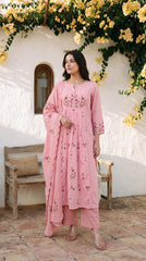 Women Pink Cotton Embroidery Front Panel Kurta Pant and Dupatta set