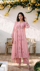 Women Pink Cotton Embroidery Front Panel Kurta Pant and Dupatta set