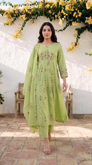 Women Green Cotton Embroidery Front Panel Kurta Pant and Dupatta set