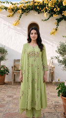 Women Green Cotton Embroidery Front Panel Kurta Pant and Dupatta set