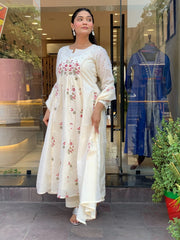 Women White Cotton Embroidery Front Panel Kurta Pant Dupatta set