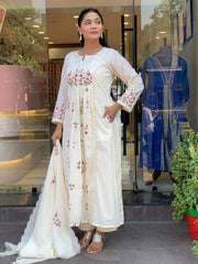 Women White Cotton Embroidery Front Panel Kurta Pant Dupatta set