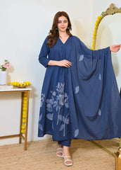 Women Blue Cotton Panel Embroidery Kurta Pant and Mulmul Dupatta set