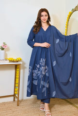 Women Blue Cotton Panel Embroidery Kurta Pant and Mulmul Dupatta set