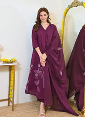 Women Wine Cotton Panel Embroidery Kurta Pant and Mulmul Dupatta set