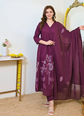 Women Wine Cotton Panel Embroidery Kurta Pant and Mulmul Dupatta set