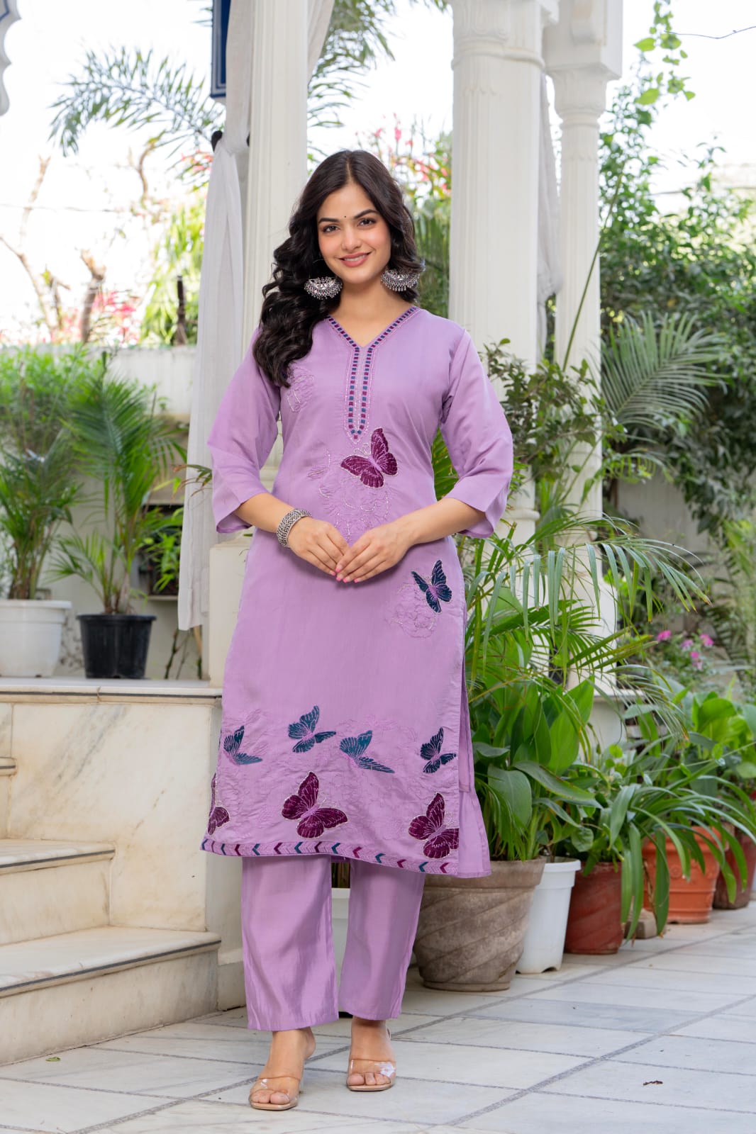 Women Lavender Roman Silk Embroidery Kurta Pant and Dupatta set