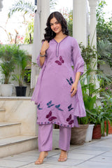 Women Lavender Roman Silk Embroidery Kurta Pant and Dupatta set