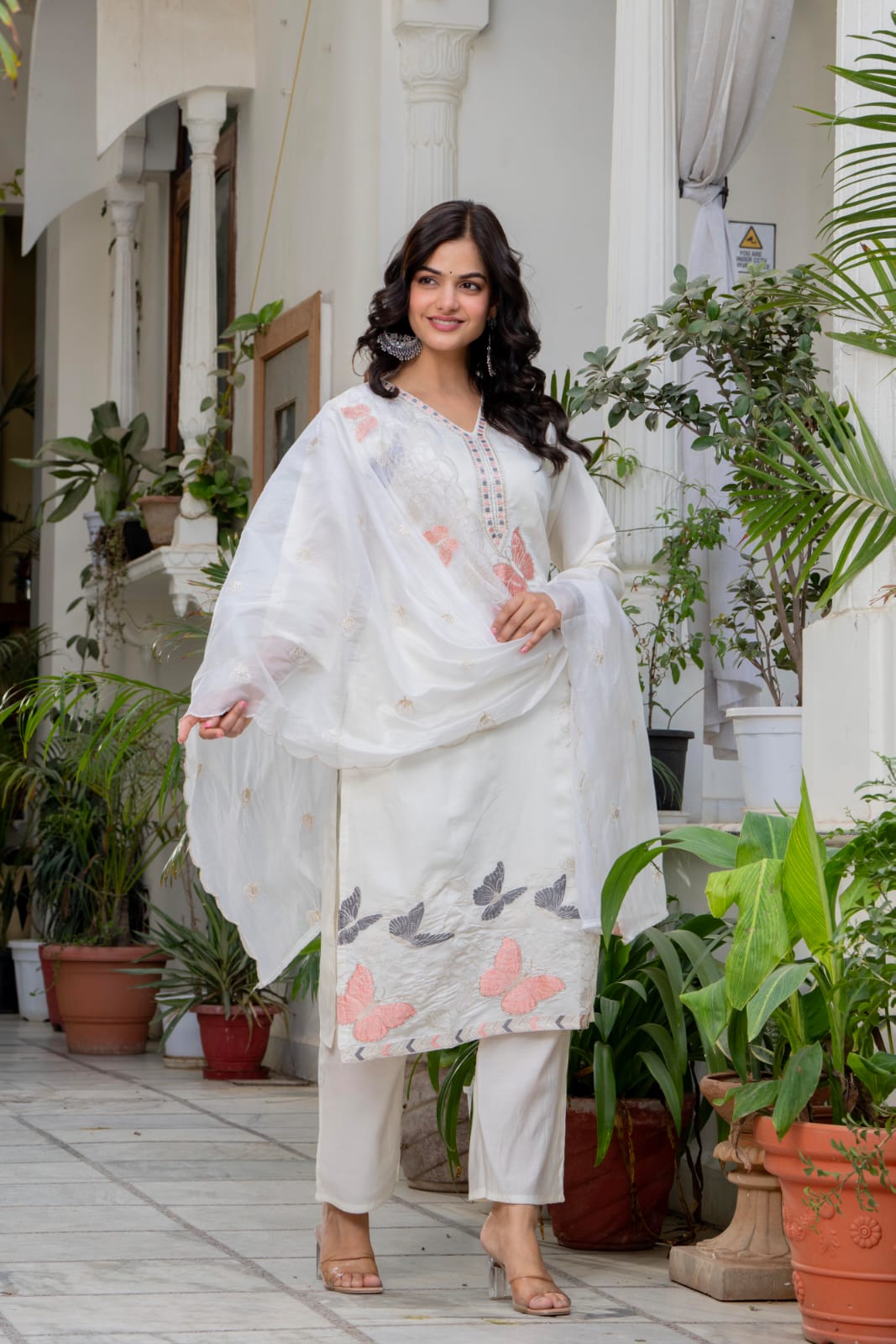 Women White Roman Silk Embroidery Kurta Pant and Dupatta set