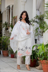 Women White Roman Silk Embroidery Kurta Pant and Dupatta set