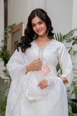 Women White Roman Silk Embroidery Kurta Pant and Dupatta set