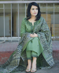 Women Green Cotton Fashion Swag Kurta Pant and Dupatta set
