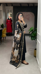Women Black Roman Silk Kurta Pant and Chanderi Dupatta set