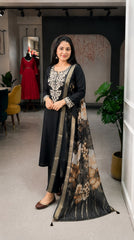 Women Black Roman Silk Kurta Pant and Chanderi Dupatta set
