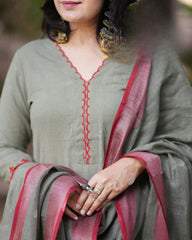Women Olive Green Cotton Embroidery Kurta Pant and Dupatta set