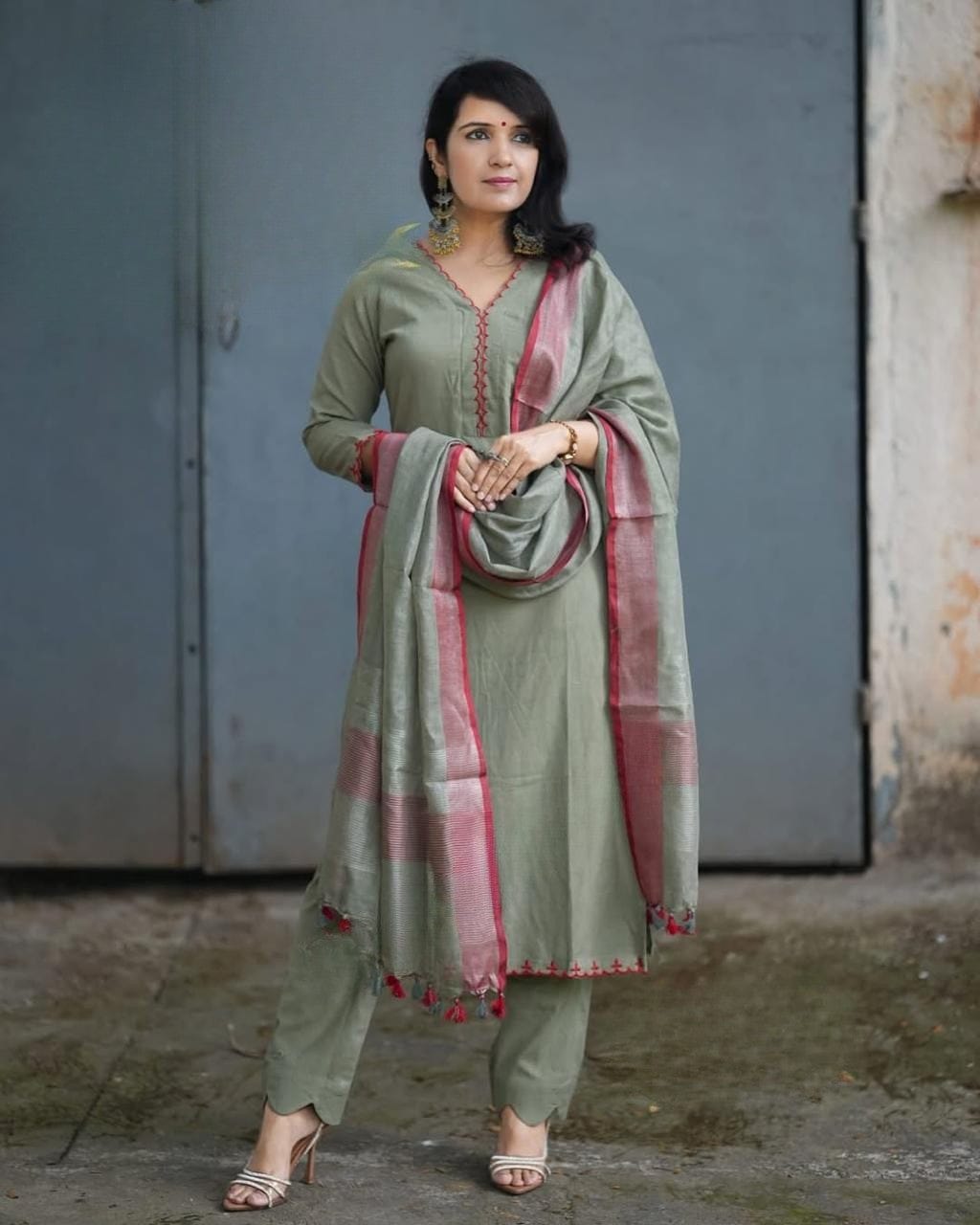 Women Olive Green Cotton Embroidery Kurta Pant and Dupatta set